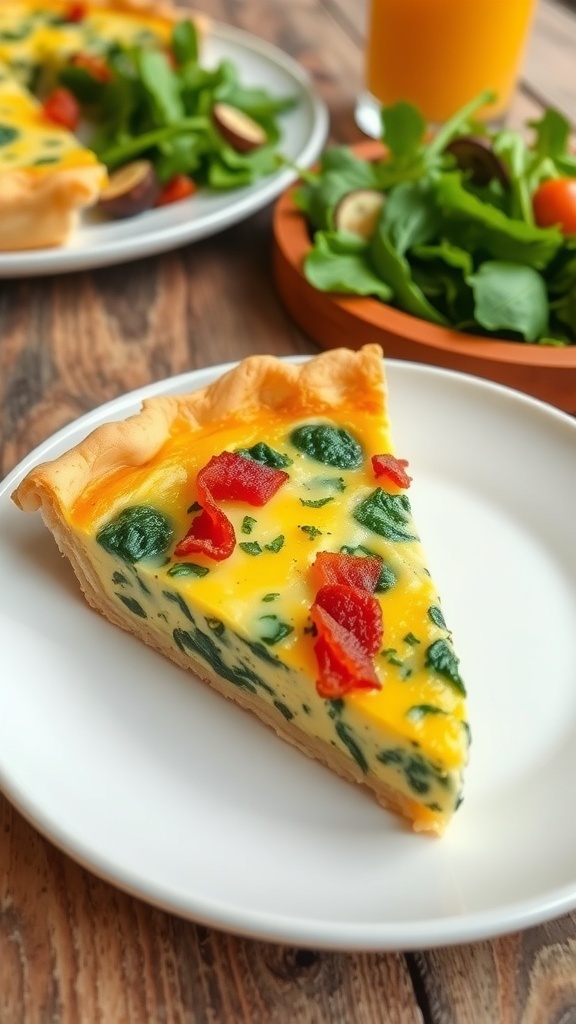 A slice of bacon and spinach quiche on a plate, with a golden crust and green spinach filling, served with a side salad.